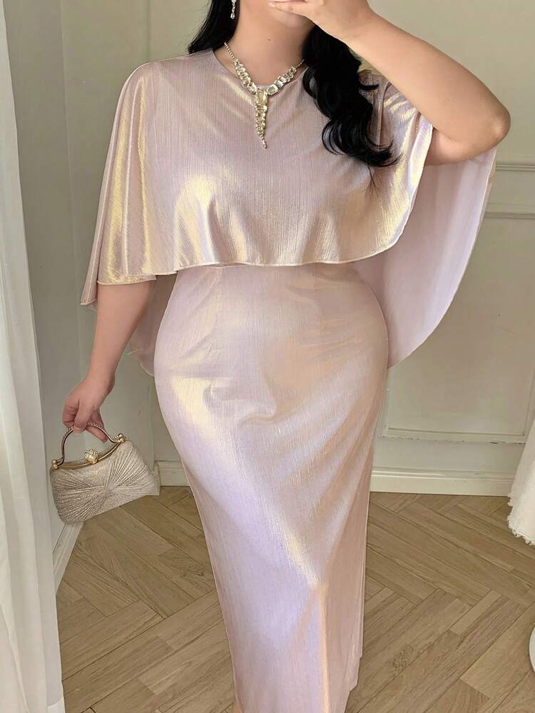 Dazy Plus Valentine Plus Size Women Elegant Long Dress With Detachable Collar, Solid Color Satin Waist Cinched Dress Sundress