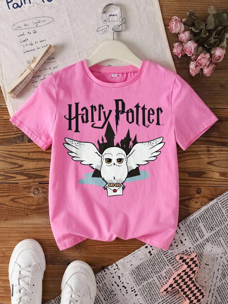 HARRY POTTER X SHEIN Tween Girls' Casual Letter & Owl Print Short Sleeve T-Shirt, Summer - Pink - View 1