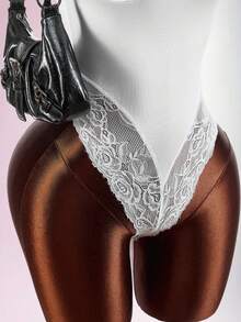 Amplova 2026 New Sexy Contrast Lace Satin Low-Cut Bodysuit For Women - White - View 5