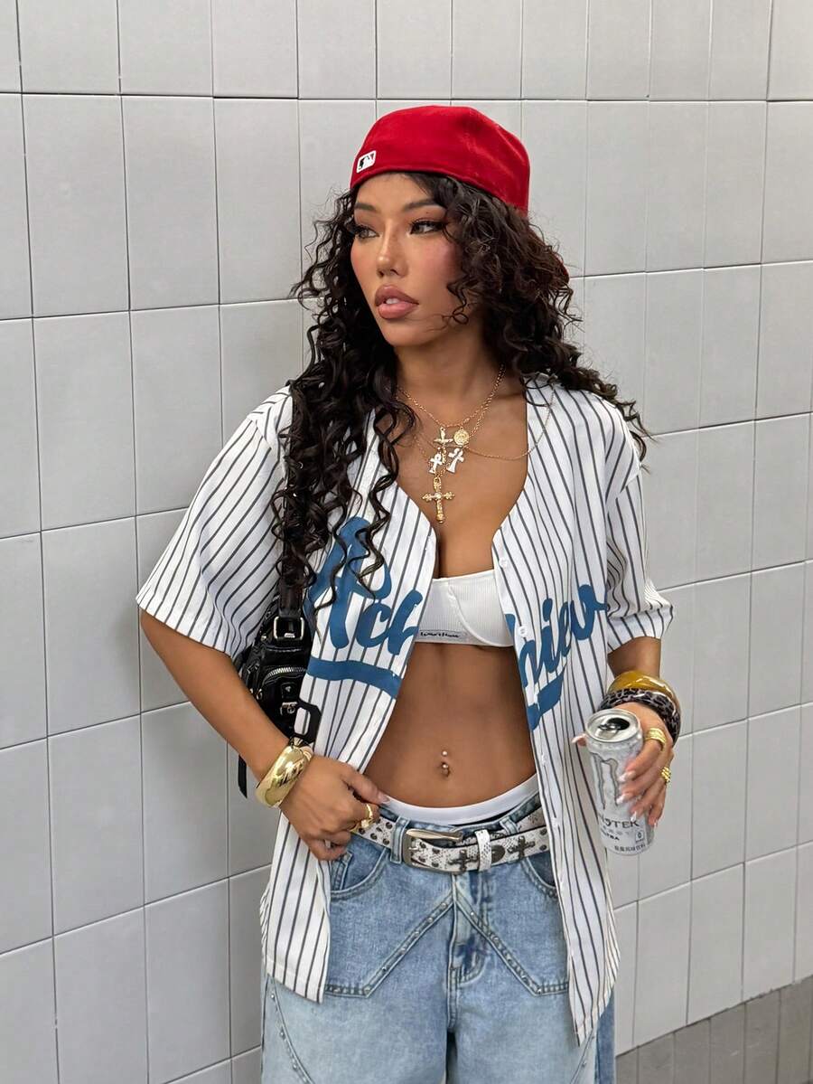 StreetHx 女士休闲条纹宽松短袖衬衫 - 白色 - 查看 1