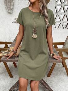 EMERY ROSE Casual Minimalist Cotton Blend Short Dress For Women, Spring/Summer Carnival,Casual - Army Green - View 4
