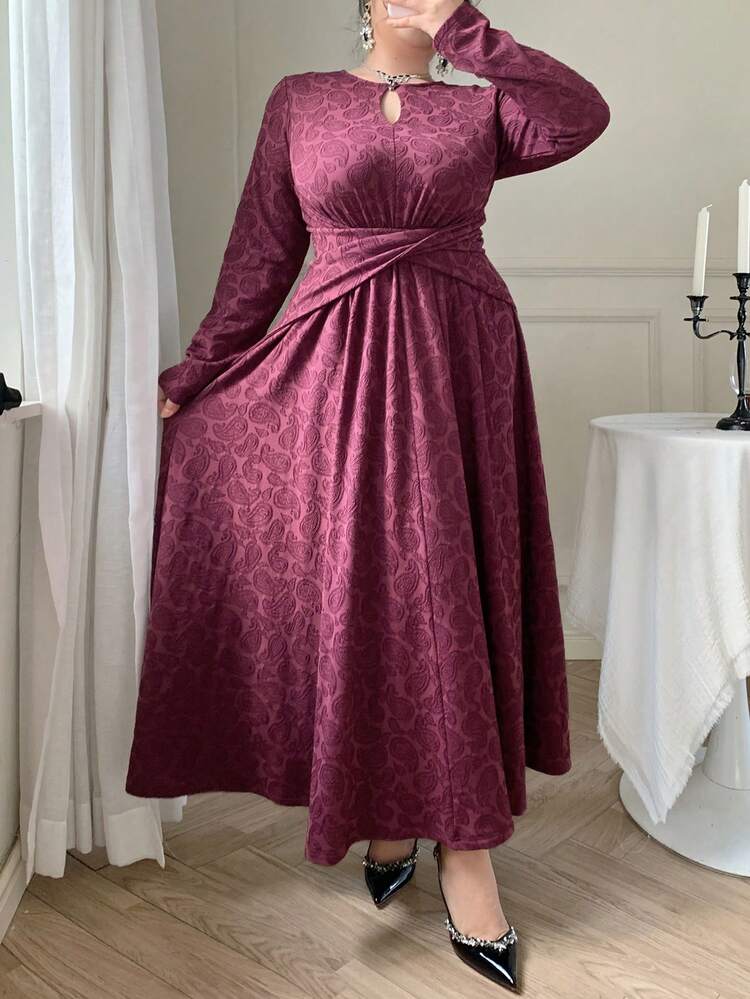 Dazy Plus Valentine Elegant Textured Fabric Stretchy Fitted Crossover Waist Dress, Red, Plus Size, Spring/Autumn Maxi Dress Sundress