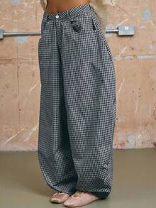 COUREZ 男女通用低腰宽松筒状格纹棉质长裤 - 藏蓝色 - 查看 5