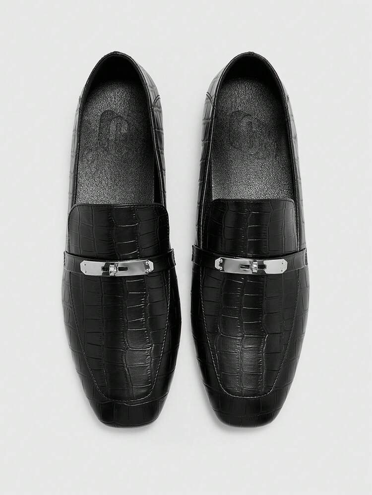 CUCCOO BIZCHIC Women's Square Toe Flat Low Heel New Black Embossed Comfortable Versatile Slip-On Loafers, Black Casual Flat Shoes, Lightweight For Commuting Spring Shoes