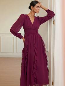 Revavyn 优雅迷人的女士V领腰部褶皱下摆荷叶边雪纺长袖连衣裙，高端约会、情人节之选 - 酒紅色 - 查看 3