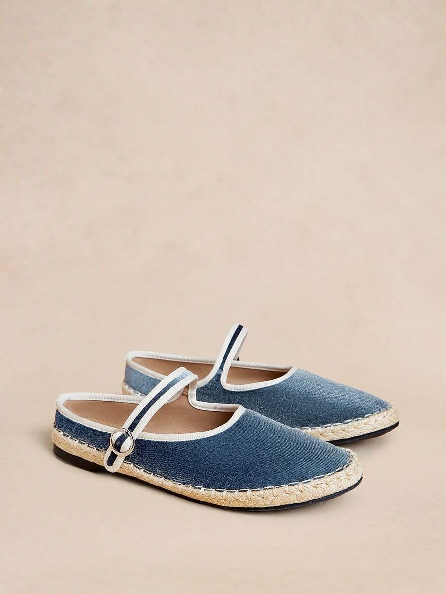 Rosivie 2026夏季新款法式方头百搭黑色镂空编织单带低帮透气舒适平底女鞋 - 藍色 - 查看 1