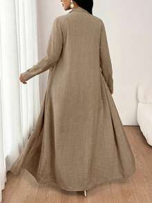 SHEIN Lady 女士纯色长袖外套和系带长裤优雅两件套 - 卡其色 - 查看 2