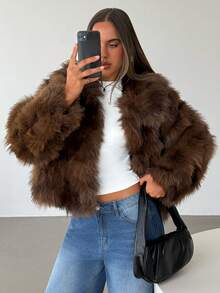 Aloruh Faux Fur Short Jacket, Fashionable Winter Solid Color - Brown - View 7