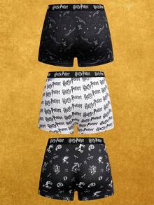 HARRY POTTER X SHEIN 3条装女士全印花撞色腰带舒适平角短裤 - 黑與白 - 查看 2