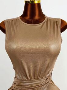 Mistrie 女士纯色亮面圆领收腰褶皱修身无袖优雅时尚连衣裙 - 金色 - 查看 8