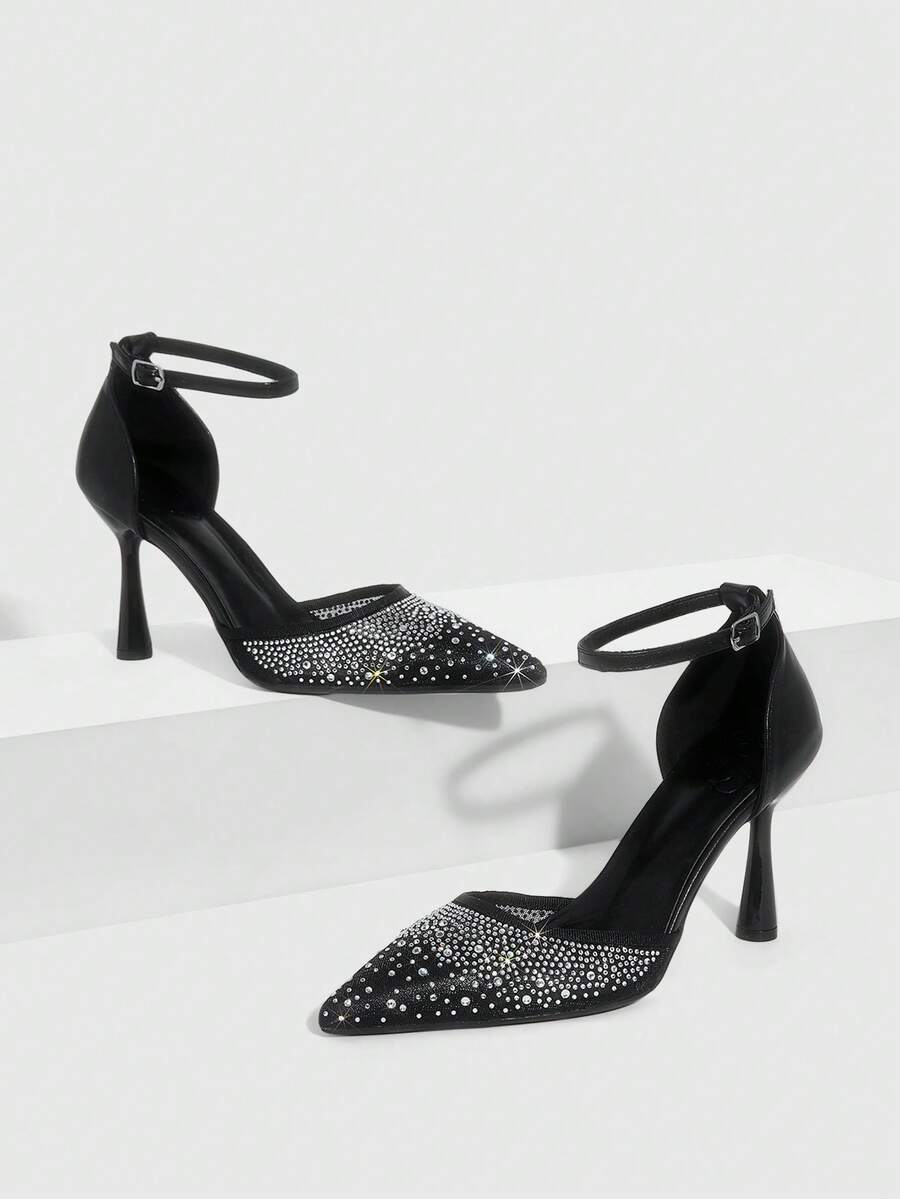 CUCCOO SZL New Arrival Spring/Autumn Black Transparent Rhinestone Pointed Toe Hollow High Heel Fashionable Sexy Ladies High Heels Valentine's Day - Black - View 1