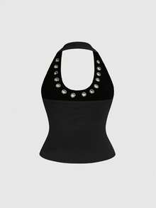 ROMWE Grunge Punk Women's Retro Punk Sexy Halter Neck Tank Top With Metal Grommet Decoration, Versatile Street Style - Black - View 2