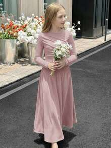 SHEIN Serisse Kids 少女纯色褶皱长袖长连衣裙，休闲日常秋冬优雅连衣裙 - 藕粉色 - 查看 4