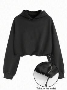 Airaco Women's Casual Loose Cinched Waist Hooded Sweatshirt - Black - View 1