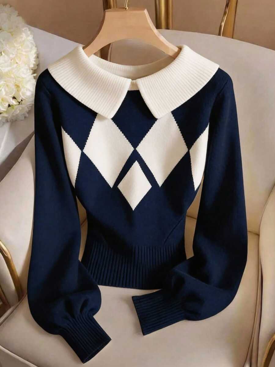 SHEIN Franclia Stylish Ladies Regular Length Argyle Pattern Sweater Featuring A Collar Neckline And Ribbed Hem Design - Multicolor - View 1