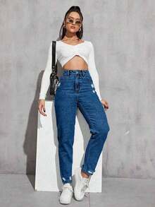 SHEIN Women's Light Wash Distressed Tapered Casual Jeans - Dusty Blue - View 4