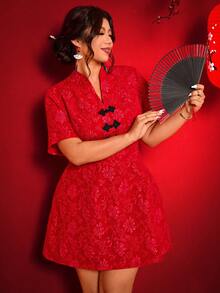 Elenzga Plus Size Women's Black Button V-Neck Jacquard Fabric A-Line Chinese New Year Dress - Red - View 8