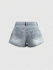 Thời trang nữ tuổi teen, phong cách đường phố, phối đồ đa năng, thiết kế vintage Y2K, cá tính, rộng rãi và thoải mái, họa tiết ngôi sao lấp lánh, kim cương sáng bóng, quần jean ngắn màu xanh denim, trang phục hàng ngày, mùa xuân đến hè, lễ hội và phong cách đường phố. - Màu xanh lam - Xem 2
