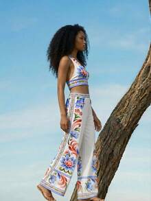 CAJUNI Women's Floral Print Deep V-Neck Crop Top And Wide Leg Pants Sexy Vacation Outfit - Multicolor - View 7