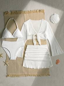 SHEIN 4-Piece Tween Girl White Swimsuit Set With Cover-Up Dress And Bikini, Suitable For Beach Vacation