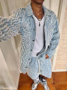 Manfinity EMRG Men's Turndown Collar Single-Breasted Frayed Hem Long Sleeve Jacket And Drawstring Waist Shorts Denim Outfit, Fashionable Casual Set Baby Blue Men Outfit - Blue - View 1