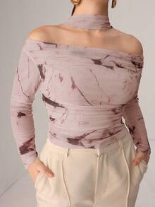 Modelyn T-shirt en maille transparente sexy imprimé ruban tricoté d'automne - Mauve - Voir 6