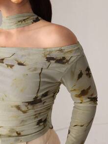 Modelyn Autumn Knitted Sexy Sheer Mesh Ribbon Print T-Shirt - Green - View 4