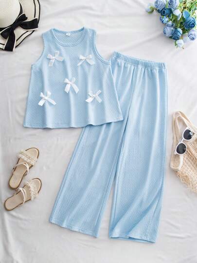 SHEIN Explorewe 2pcs/Set Tween GirlsCamisole With Bow Decor + Loose Straight Pants, 2025 New Arrival, Suitable For Outing, School, Versatile & Sweet