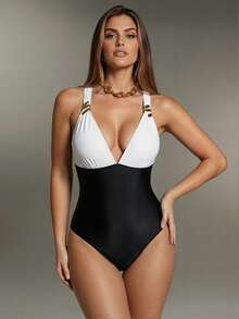 Shapewave 女士连体泳衣，肩带饰有金色螺旋纹，黑白撞色设计，露背系带，收腹，夏季海滩度假连体泳衣 - 黑與白 - 查看 5