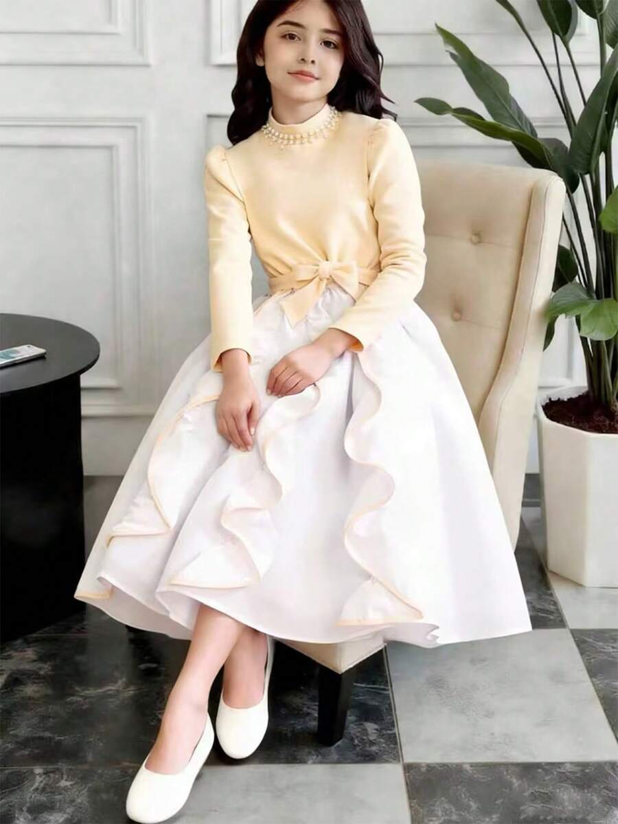 SHEIN 少女撞色仿珍珠装饰泡泡袖荷叶边拼接时尚连衣裙 - 彩色 - 查看 1