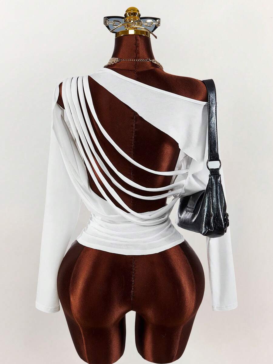 Amplova 2026 New Oblique Shoulder Sheer Comfortable Cover-Up, Backless Sexy Women T-Shirt - White - View 1