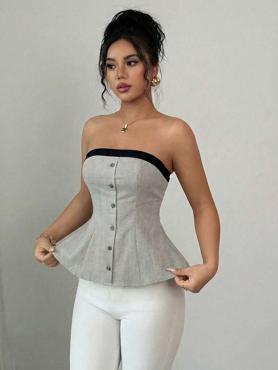 SHEIN Elenzya 优雅浪漫简约通勤女式上衣,无肩带收腰设计,撞色装饰纽扣,亚麻质感面料 - 杏色 - 查看 1