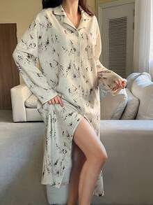 DAZY Plant Vein Pattern All-Over Print Loose Long Women Robe - Khaki - View 6