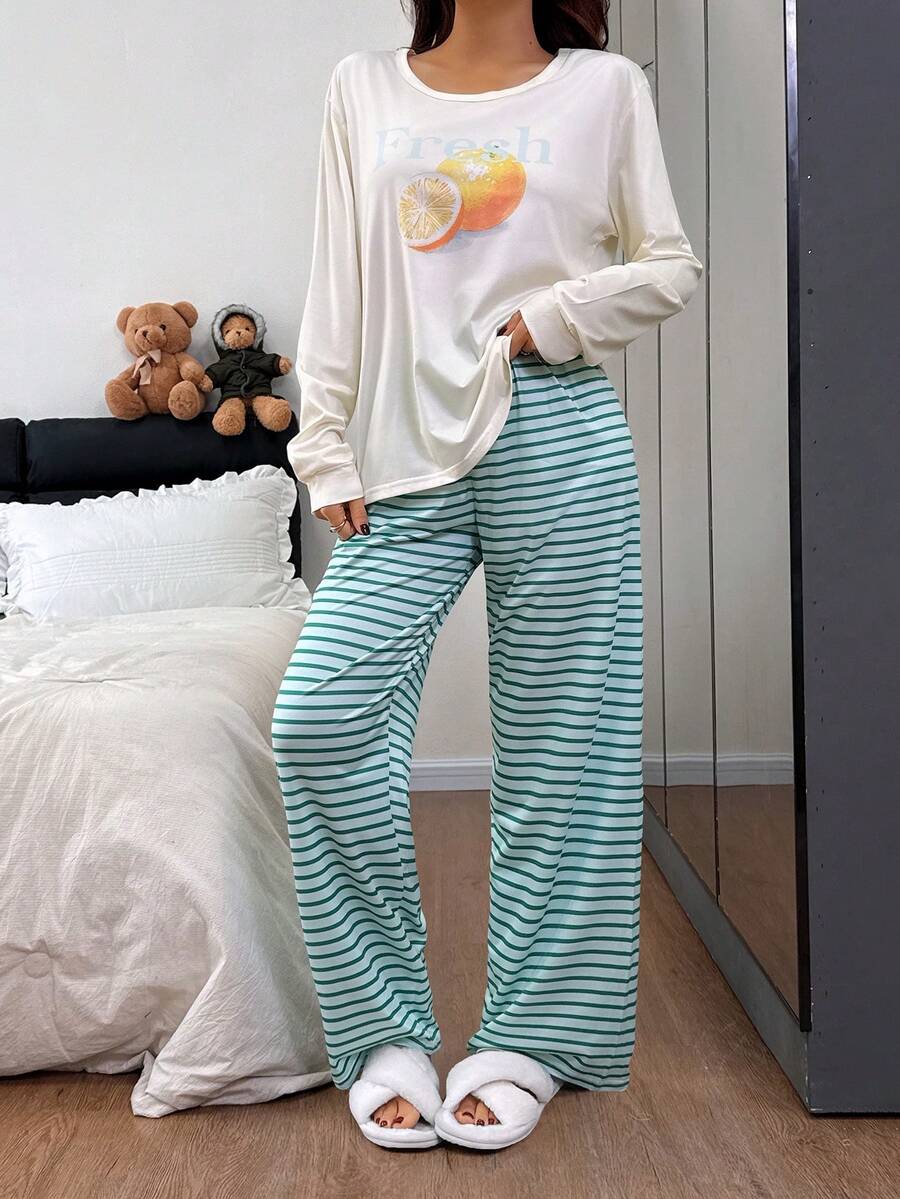Dream Adore Women's Casual Striped Print Pants & Fruit Letter Graphic Crew Neck Long Sleeve Pajama Set Cute Lounge Wear - Multicolor - View 1