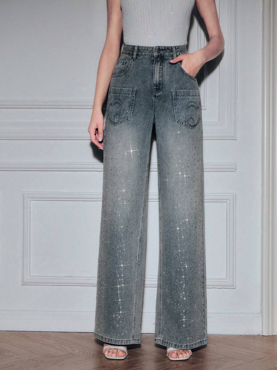 Anewsta Jeans rectos de mujer con bordado romántico y brillo de rhinestone azul, adecuados para fiesta, vacaciones, Día de San Valentín, primavera/verano - Azul - Ver 1