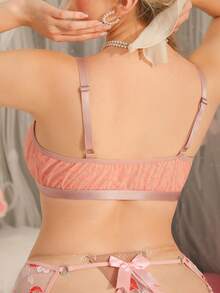 DelicateAllure Áo ngực cỡ lớn màu hồng, cài trước, có đệm mút, cúp tam giác, phối lưới, lãng mạn, dành cho ngày Valentine & Áo ngực không gọng. - Hồng - Xem 2