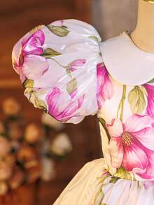 SHEIN Glamorique Kids Glamorique 女童花卉腰部泡泡袖薄紗優雅派對生日洋裝，適合四季婚禮白色與粉色夏季 - 彩色 - 查看 7