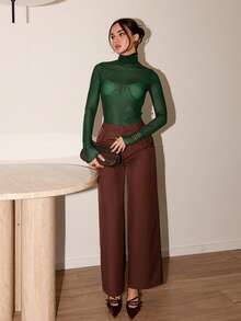 Bris Aura 斯德哥尔摩风格，女士教师装，秋季服装，高领高领针织上衣，优雅秋冬衬衫，网眼长袖衬衫，商务休闲女士基本款上衣 - 墨綠色 - 查看 4