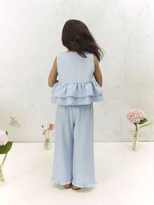Bộ đồ SUMWON gồm áo tank top không tay xếp nếp và quần ống rộng cạp cao, kiểu dáng thường ngày, thích hợp cho mùa hè, những dịp đặc biệt hoặc kỳ nghỉ. - Màu xanh lam - Xem 2