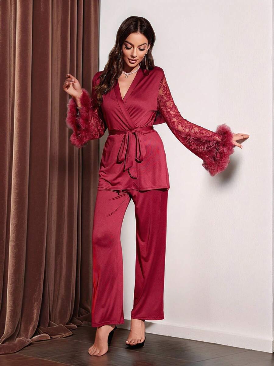 Slumberist Contrast Lace Fuzzy Cuff Belted PJ Set, Cozy Fluffy Pajama Set, Fall Winter Clothes - Burgundy - View 1