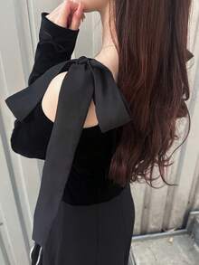 FRIFUL 女士露肩蝴蝶结肩带装饰天鹅绒拼接腰部长袍，优雅长袍礼服春季吊带裙 - 黑色 - 查看 8