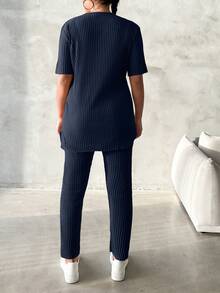 EURMUSE Plus Size Solid Color Minimalist Daily Wear Round Neck Short Sleeve Top And Pants 2-Piece Set - Navy Blue - View 2