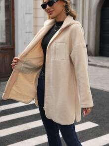 SHEIN LUNE 女士纯色仿毛皮连帽长袖外套 - 米色 - 查看 5
