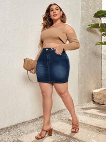 EMERY ROSE Plus High Waist Bodycon Denim Skirt - Medium Wash - View 4