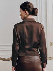 Anewsta Women's Spring New Luminous Texture Satin Half-Placket Lapel Collar Long Sleeve Blouse - Rust Brown - View 5
