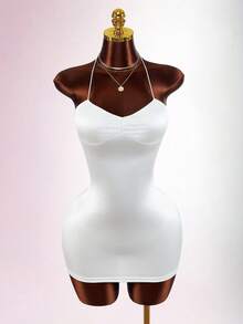 Amplova Vestido mini sexy de mujer con cuello halter cruzado y espalda descubierta de unicolor - Blanco - Ver 9