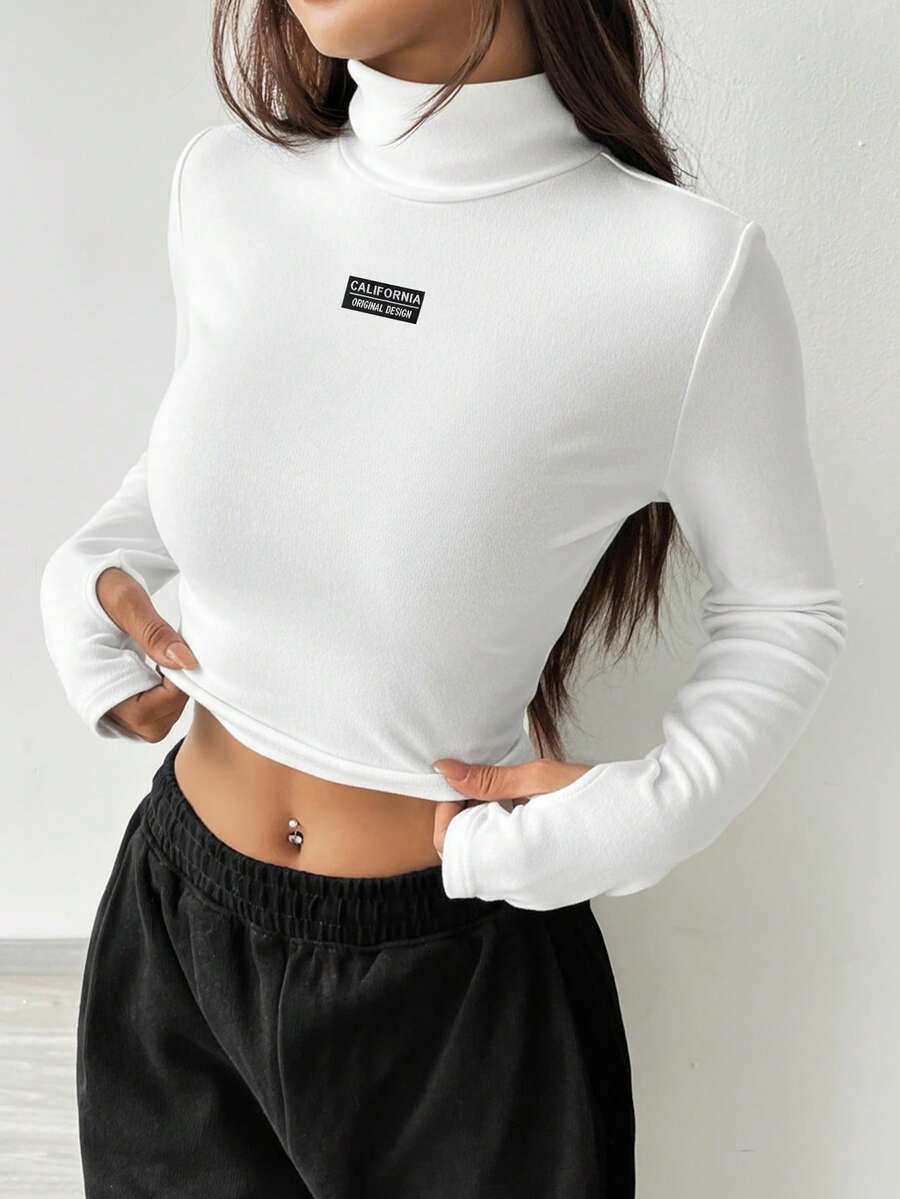 SHEIN EZwear Women's Knitted Turtleneck Letter Patch White Long Sleeve Slim Fit T-Shirt Crop Top Long Sleeve Turtle Neck Top Shirts Crop High Neck Tops,Fall,Fall Clothes For Women - White - View 1