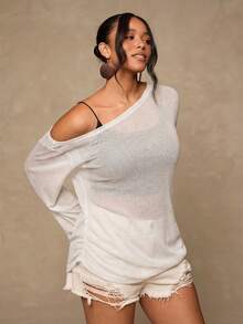 Freevana 大码休闲不对称领针织上衣，秋冬季百搭T恤 - 白色 - 查看 3