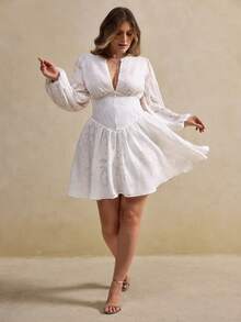 Elegantrix 大码女士都市时尚优雅约会婚礼派对提花腰部喇叭短款鸡尾酒连衣裙 - 白色 - 查看 8