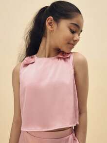 SUMWON Tween Satin Bow Detail Tank Top And Short Co-Ord Set Summer Two Piece Outfit With Tie Waist Detail Festive Occasionwear - Pink - View 3